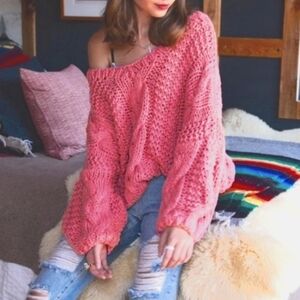 Sale POL Handmade cable knit bubble gum sweater 100% acrylic bubble sleeves b…